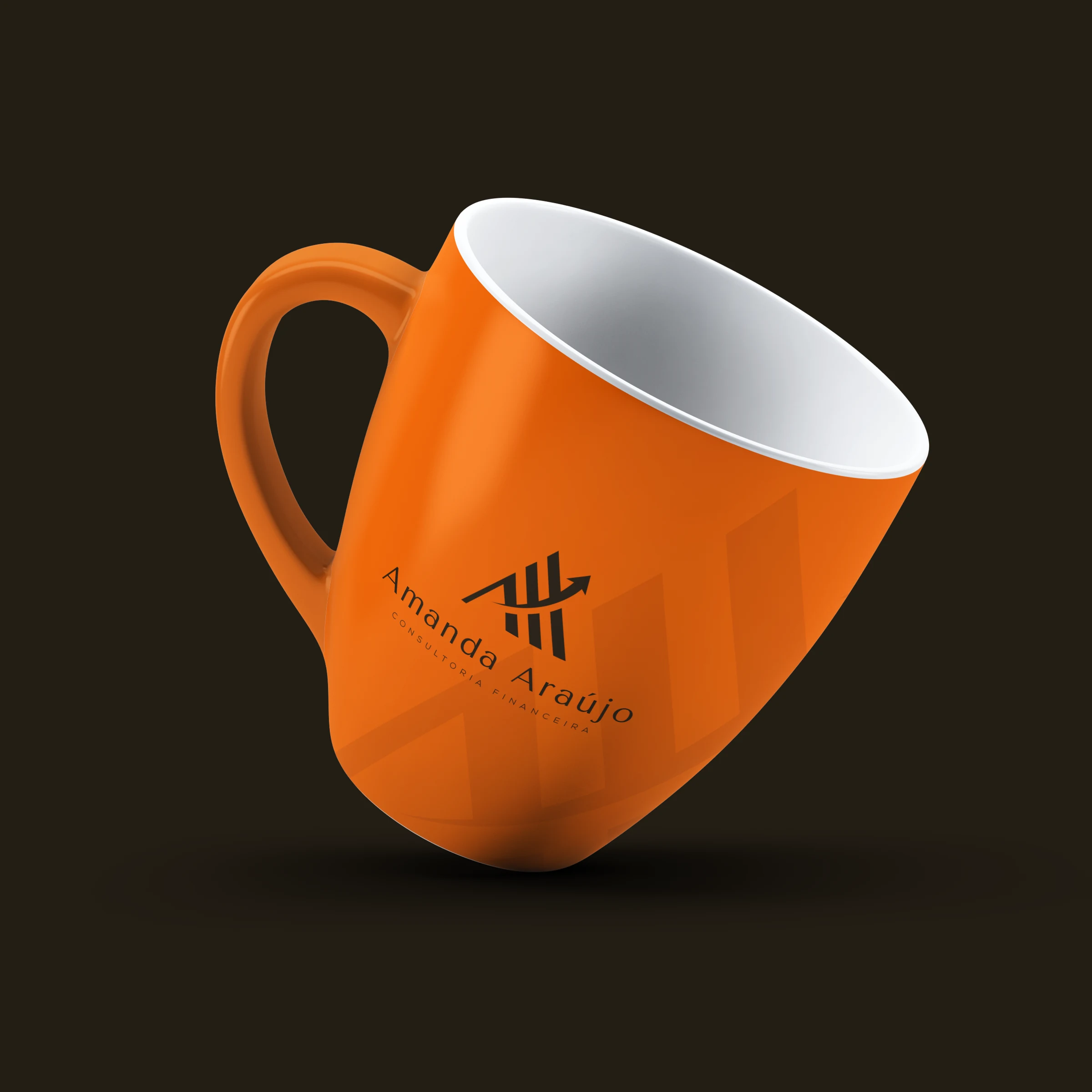 Mockup de caneca laranja com o símbolo de Amanda Araújo