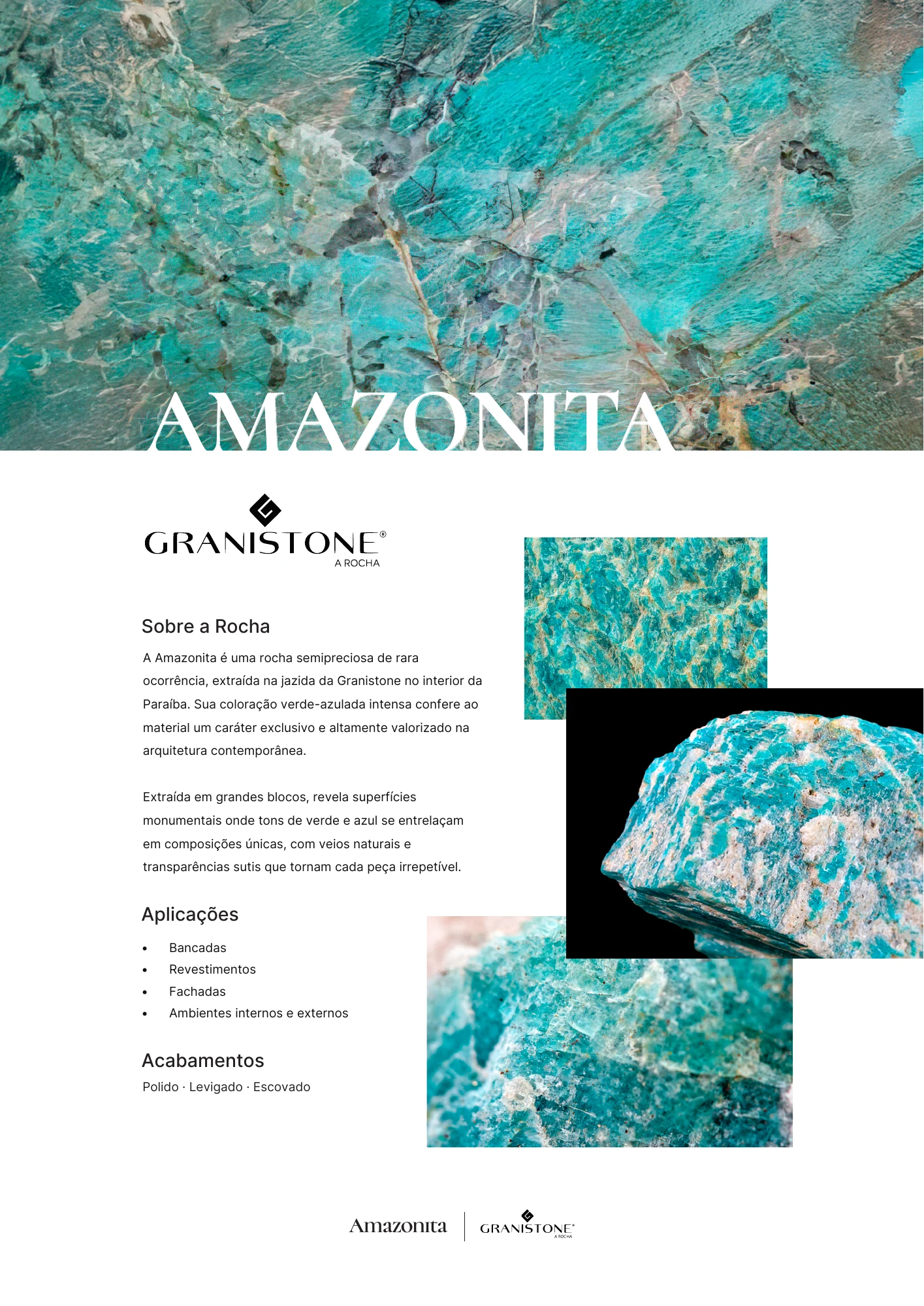 Peça editorial Amazonita, com apresentação da rocha e aplicações
