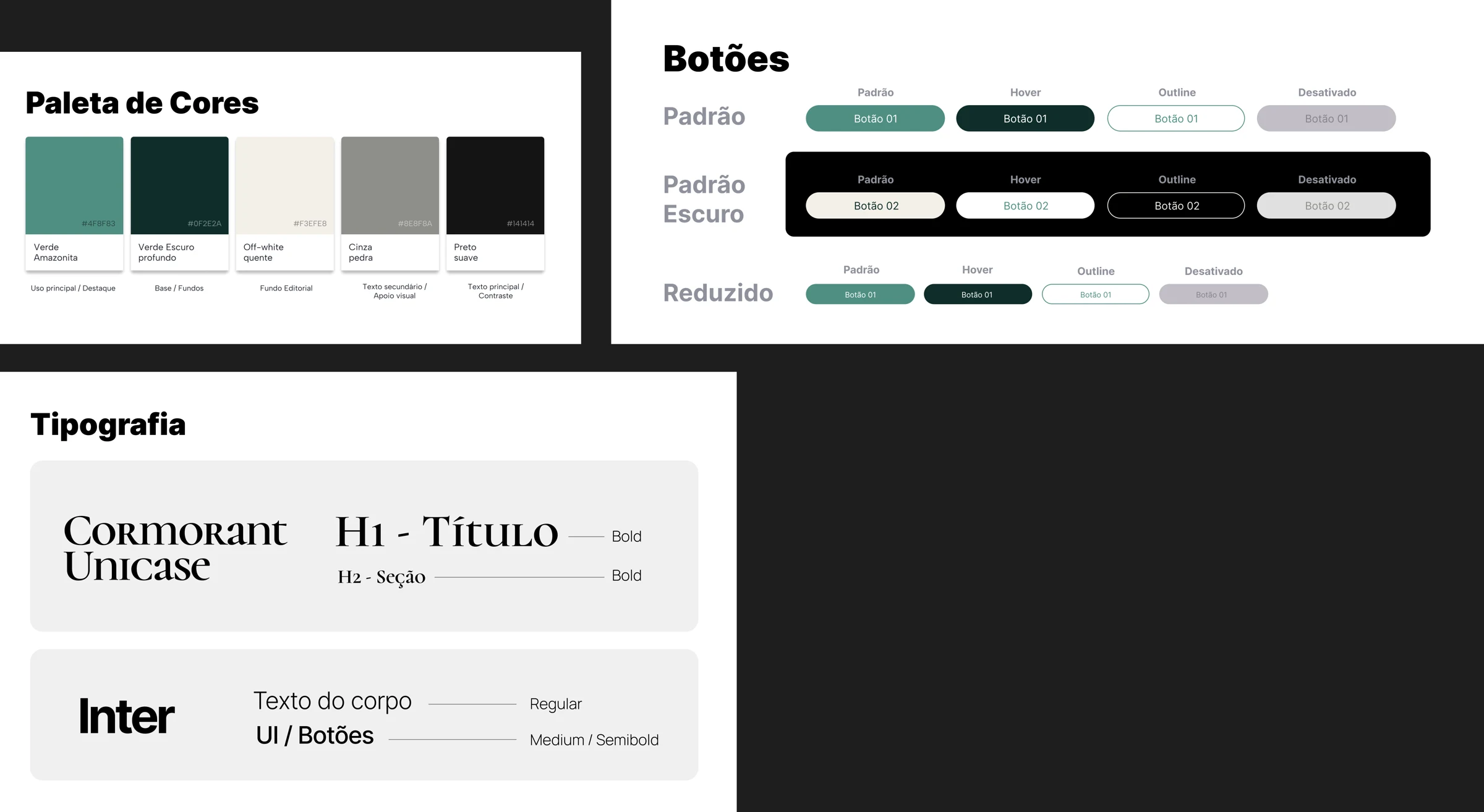 Sistema visual Amazonita: paleta, tipografia e estados dos botões