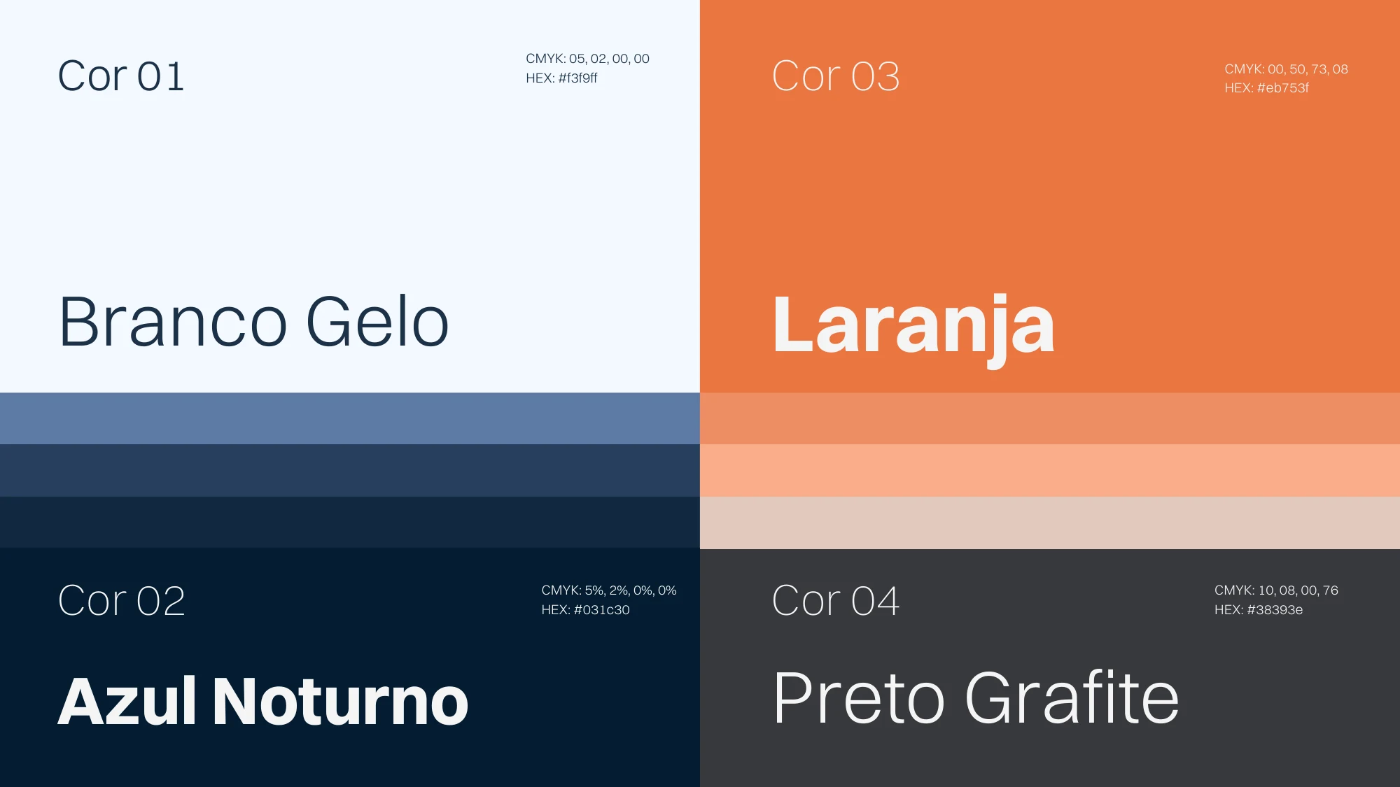 Paleta azul noturno, laranja, branco gelo e preto grafite