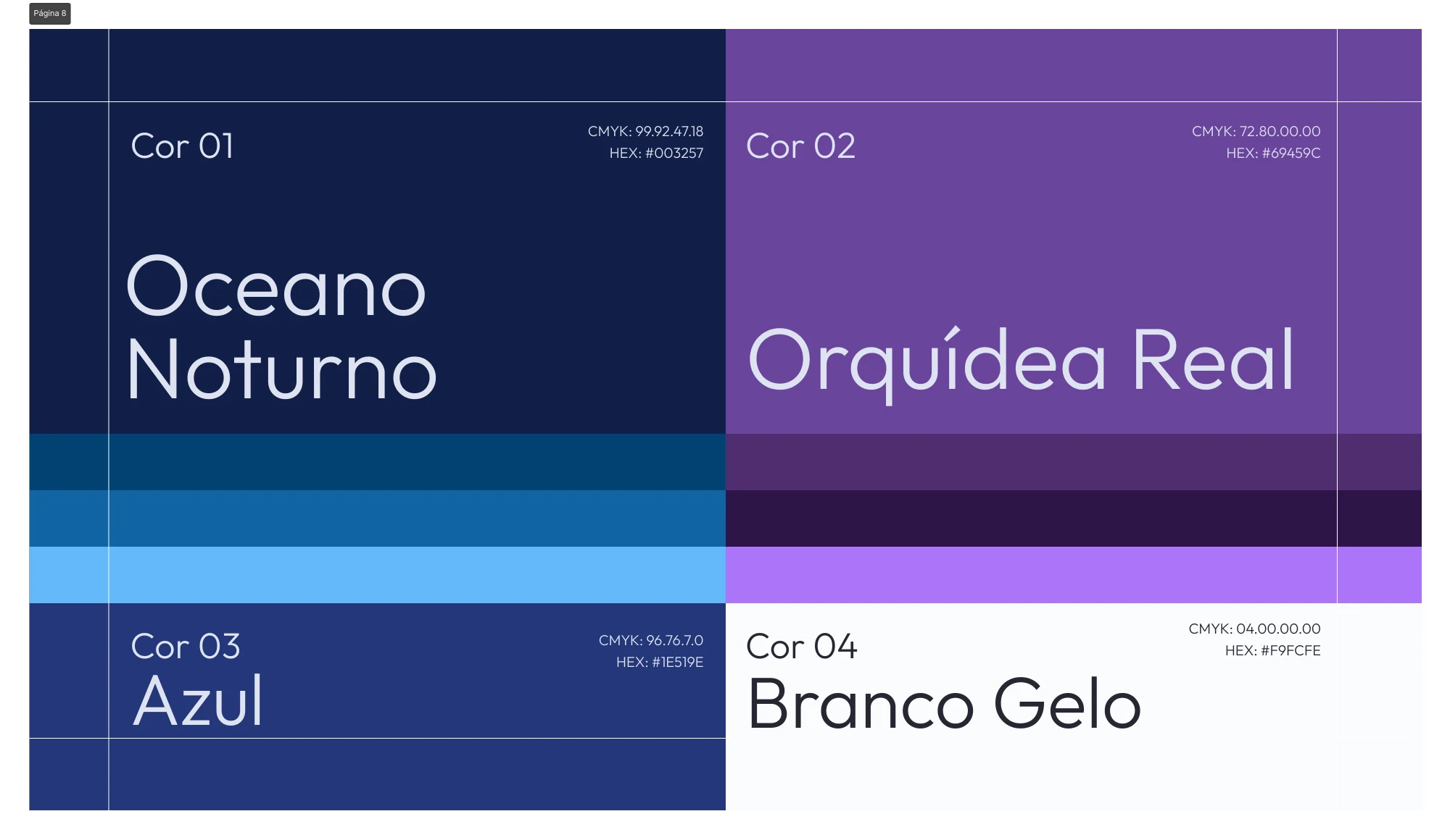 Paleta de cores da Rooftop: Oceano Noturno, Orquídea Real, azul e branco gelo